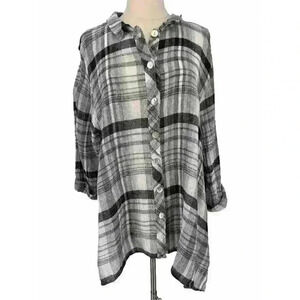 Habitat Linen Windowpane Plaid Button Front Blouse Lagenlook Artsy Women XL